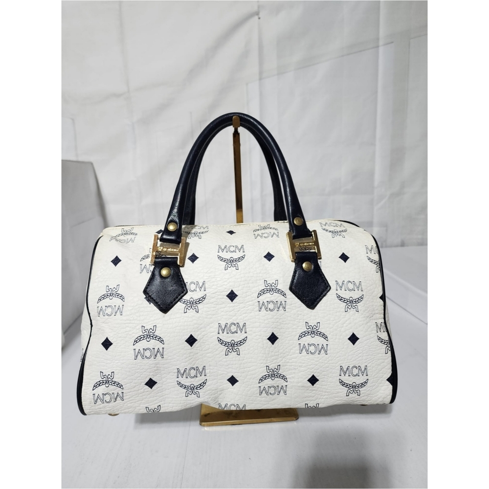 MCM Vintage Coated Canvas visetos Handle Bag Navy Blue/White - Picture 3 of 14